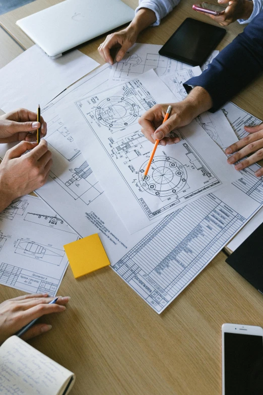 a group of people sitting around a wooden table, a detailed drawing, industrial design blueprint, promo image, inspect in inventory image, engineering