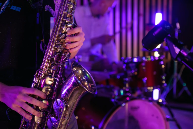 a close up of a person playing a saxophone, pexels, happening, purple ambient light, detailed an empty jazz cafe, 15081959 21121991 01012000 4k, thumbnail