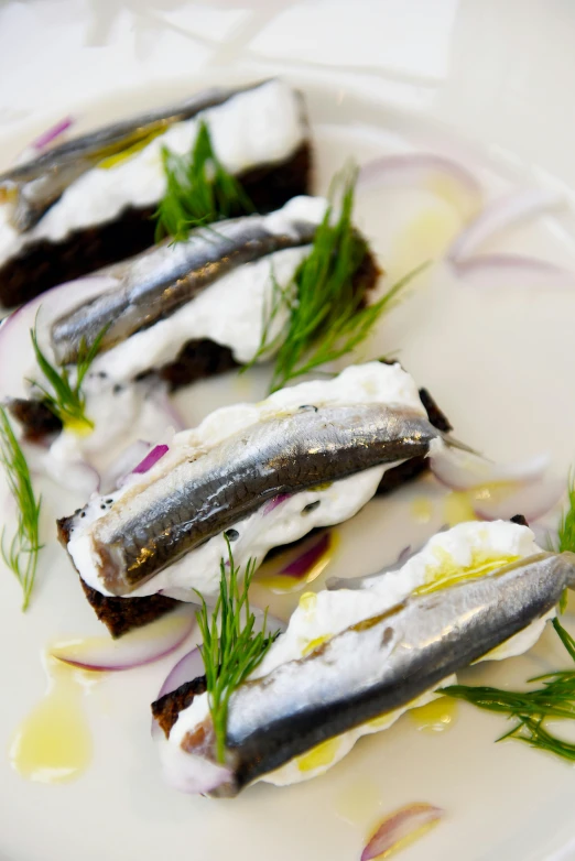 a white plate topped with anchovies and onions, by Eero Snellman, finnstark, soami, rocket, cream