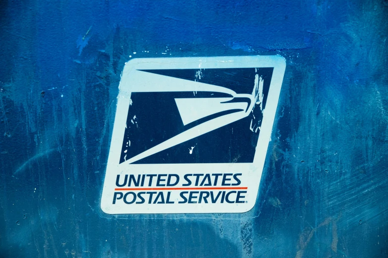 a blue mail box with a us postal service sticker on it, a portrait, unsplash, square sticker, paul barson, post grunge, ( ultra realistic