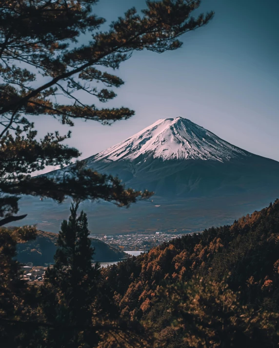 a mountain in the distance with trees in the foreground, inspired by Kanō Hōgai, trending on unsplash, fujifilm”, mount fuji in the background, 🚿🗝📝