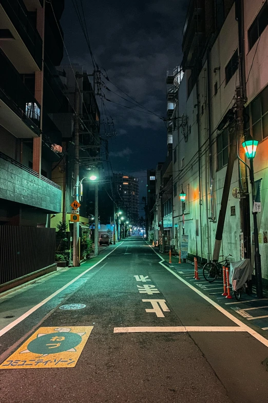 an empty street in a city at night, an album cover, by Katsukawa Shun'ei, unsplash contest winner, japanese neighborhood, background image, green alleys, 80's japanese photo