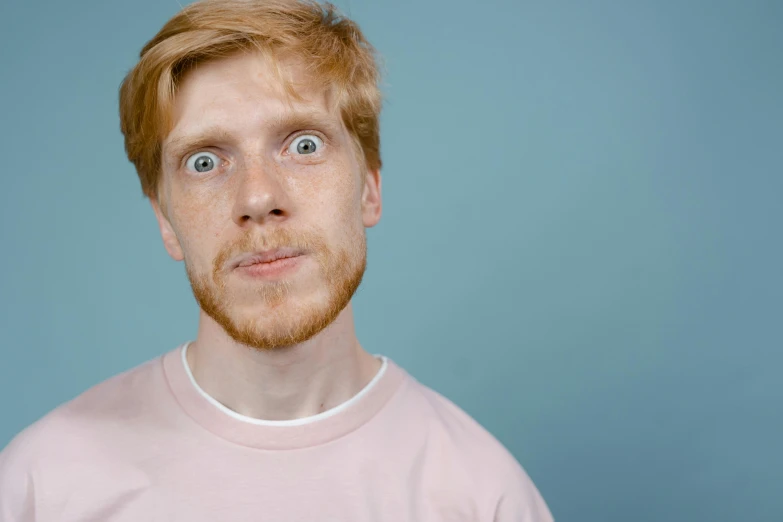 a man with a surprised look on his face, trending on pexels, hyperrealism, ginger hair, extremely pale, gloopy, animation