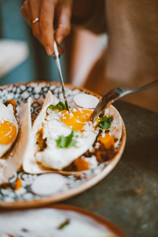 a close up of a plate of food on a table, pexels contest winner, happening, breakfast at las pozas, eggs, taco, intense knowledge