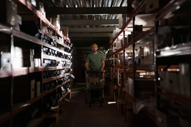 a man pushing a shopping cart through a warehouse, a portrait, unsplash, weta workshop, portrait image