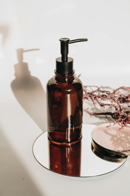 a bottle of liquid sitting on top of a counter, by Miroslava Sviridova, unsplash, renaissance, cosmetics, brown resin, detailed silhouette, soap