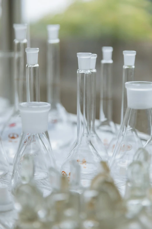 a bunch of glass flasks sitting on top of a table, white, neck zoomed in, scientific glassware, assembled