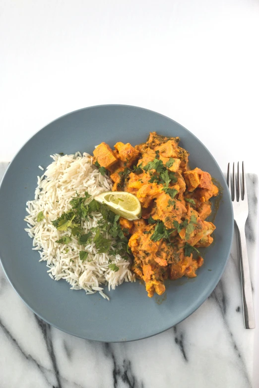 a close up of a plate of food on a table, inspired by John Steuart Curry, unsplash, orange and teal, square, no cropping, rice