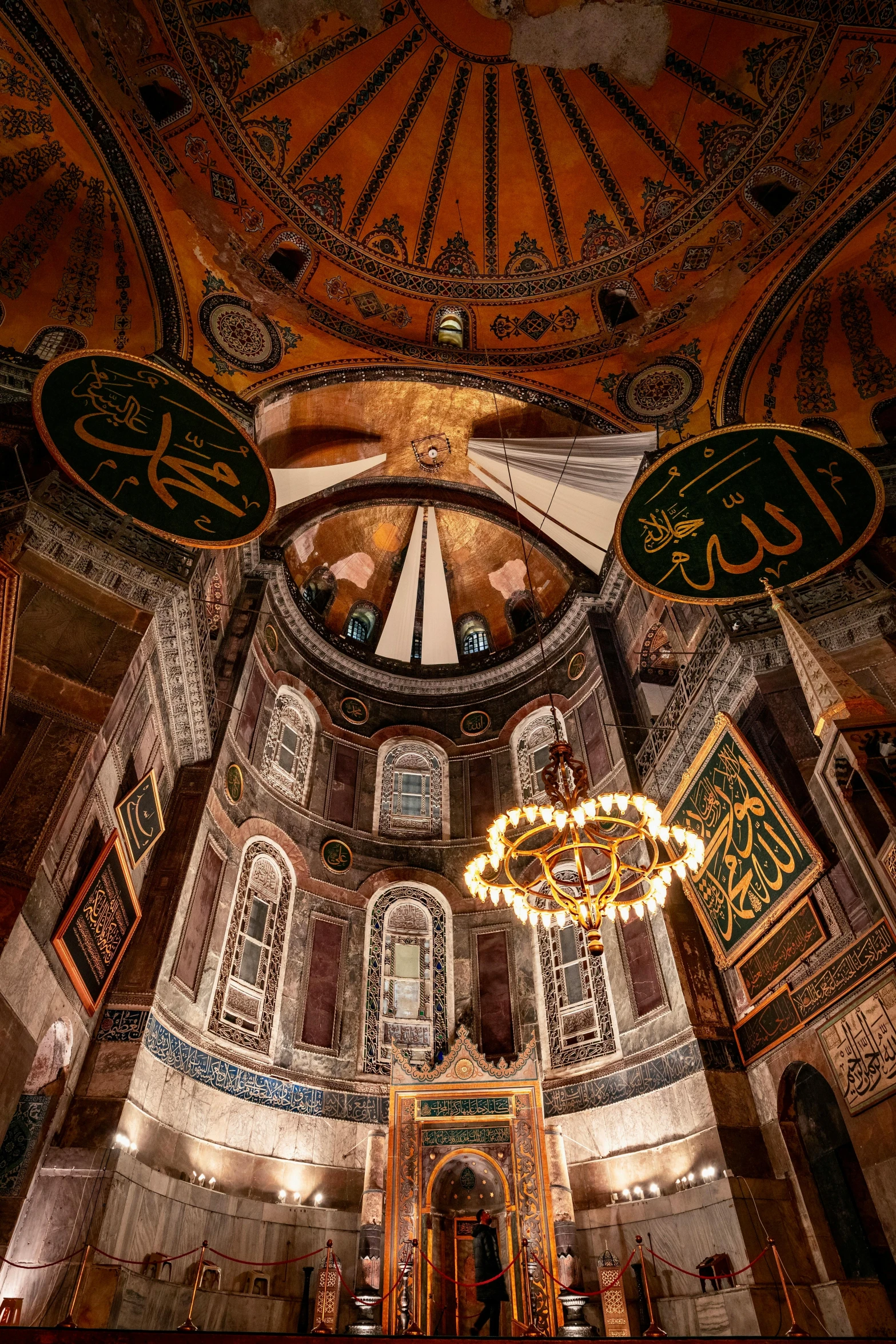 the inside of a church with a chandelier hanging from the ceiling, a mosaic, unsplash contest winner, ottoman empire, 2 5 6 x 2 5 6 pixels, panoramic, interior of a marble dome