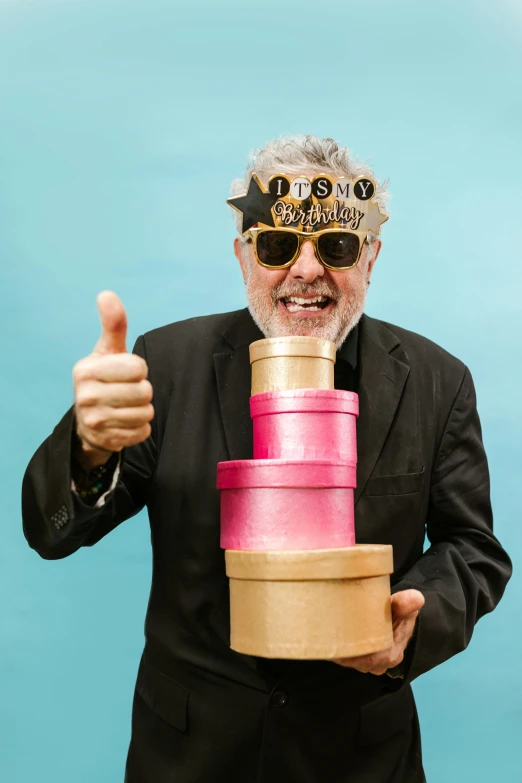 a man in a suit and sunglasses giving a thumbs up, a colorized photo, by Bernie D’Andrea, pixabay contest winner, birthday wrapped presents, old gigachad with grey beard, loot box, gold