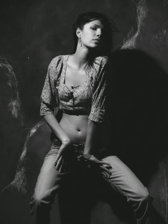 a black and white photo of a woman posing for a picture, art photography, indian super model, desaturated!!, taken in the 2000s, wearing a blouse