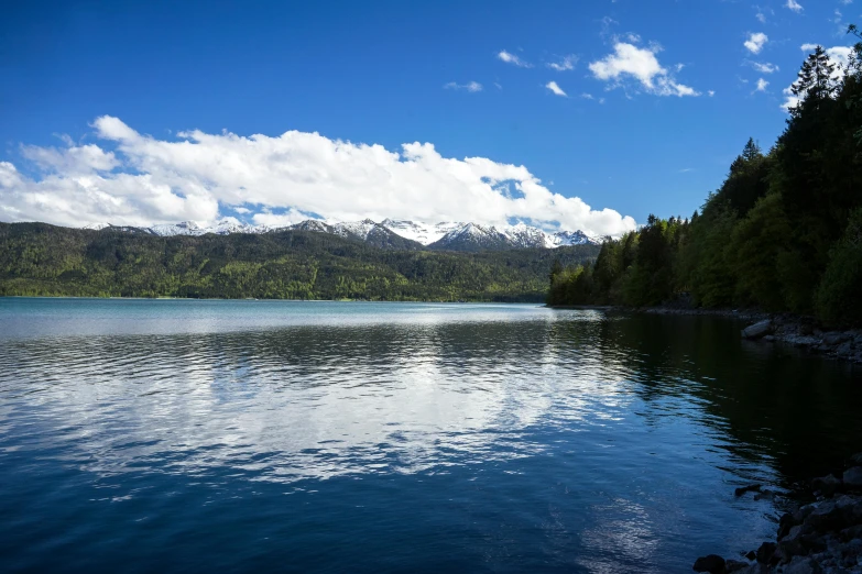 a large body of water surrounded by trees, by Harry Haenigsen, unsplash, hurufiyya, andes, clear blue skies, conde nast traveler photo, view from the lake