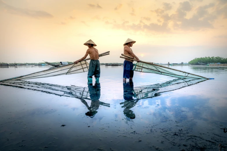 a couple of men standing on top of a body of water, by Fei Danxu, pexels contest winner, farming, full of mirrors, shallow water, merchants