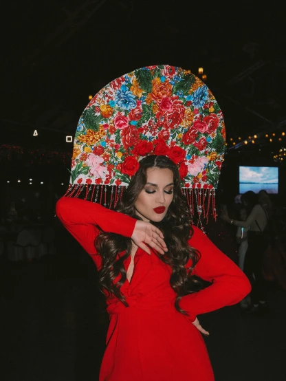 a woman in a red dress holding an umbrella, dia de los muertos makeup, ibiza nightclub dancing inspired, olivia culpo, headpiece headpiece headpiece