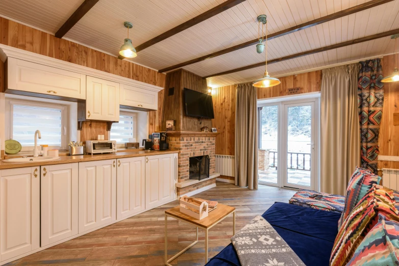 a living room filled with furniture and a flat screen tv, trending on reddit, wooden cottage, slavic style, stunning photo, vacation photo