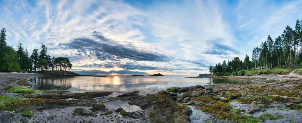 a large body of water surrounded by trees, by Robert Sivell, unsplash, sunset panorama, archipelago, rocky beach, notan