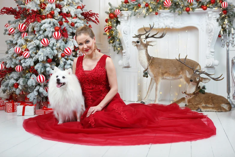 a woman in a red dress sitting next to a white dog, festive, realistic photo shoot, 1 petapixel image, rectangle