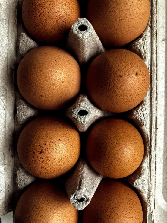 a carton filled with brown eggs sitting on top of a table, by Alison Geissler, half image, high angle close up shot, brown:-2, grey