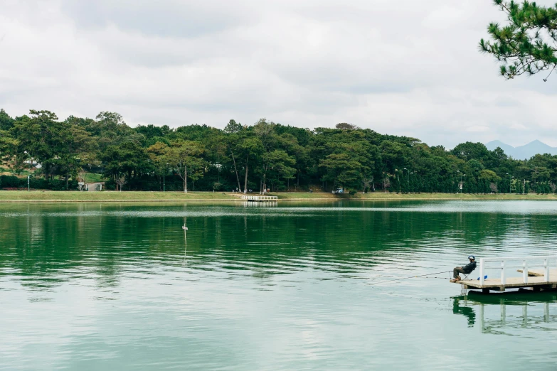 a bird sitting on a dock in the middle of a lake, hurufiyya, manly, muted green, oscar niemeyer, fishing