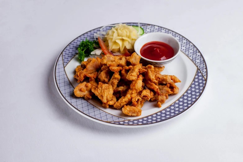 a white plate topped with fried chicken next to a bowl of ketchup, hurufiyya, detailed product image, kuang hong, 6 pack, cuttlefish