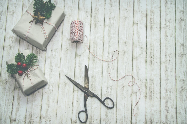 a pair of scissors sitting on top of a table, by Sylvia Wishart, pexels contest winner, plasticien, holding gift, grey, wooden, holiday