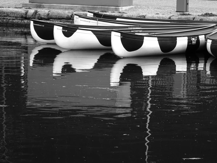 a black and white photo of a boat in the water, a black and white photo, by Jan Rustem, flickr, small canoes, city reflection, trio, closeup photo