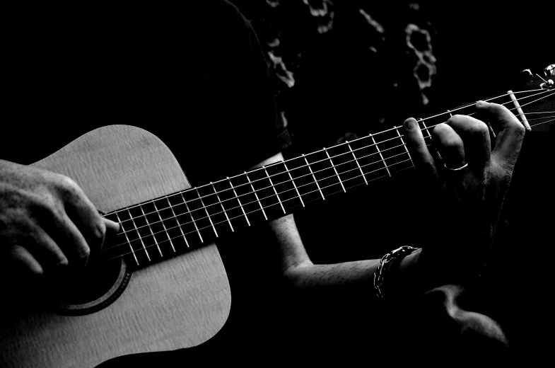 a black and white photo of a person playing a guitar, by Adam Chmielowski, pixabay, facebook photo, [ realistic photography ], uploaded, valeriy vegera