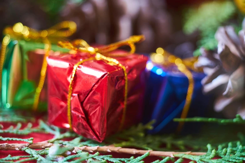 a bunch of presents sitting on top of a table, inspired by Ernest William Christmas, shutterstock, arts and crafts movement, colourful close up shot, square, evergreen branches, very shallow depth of field