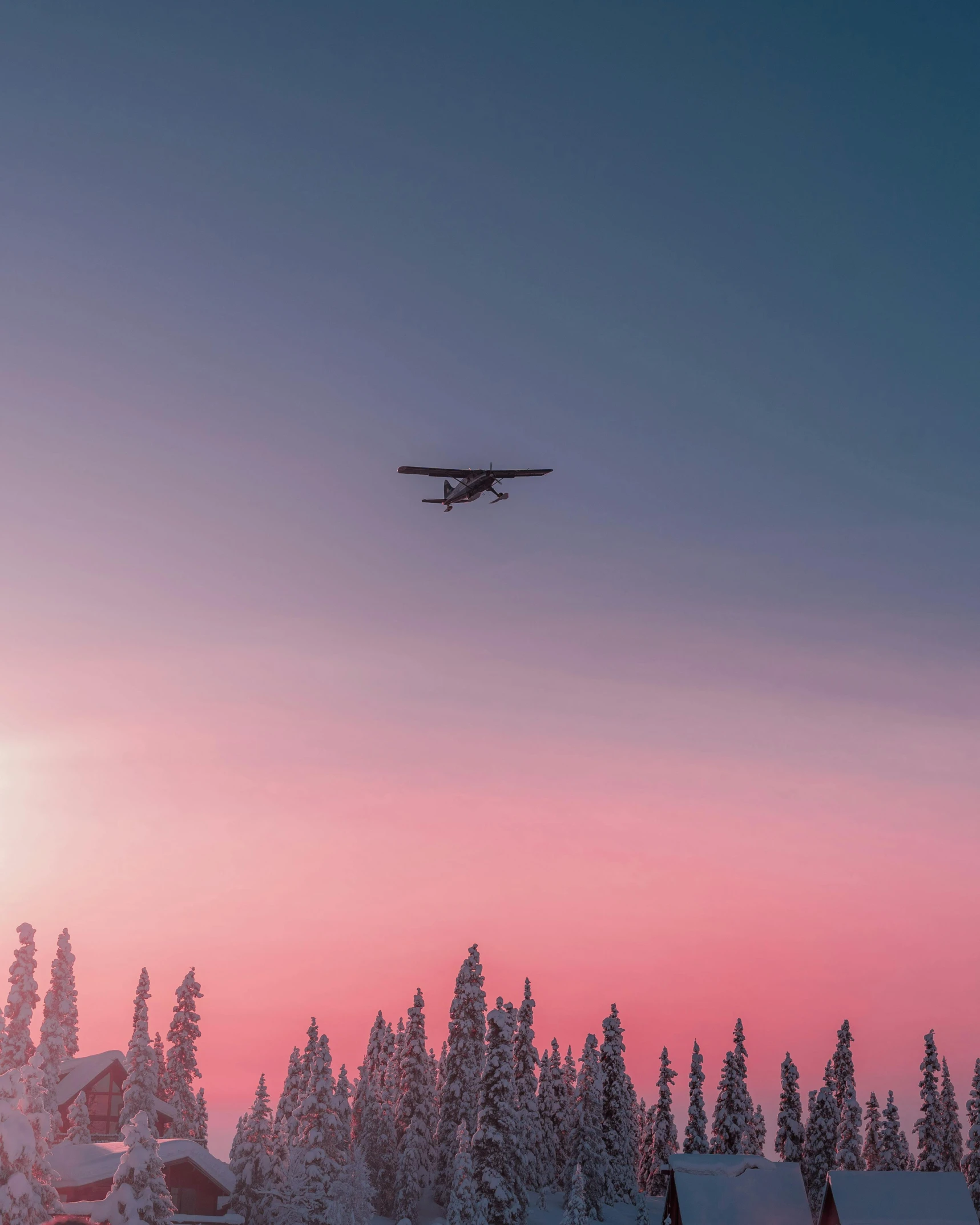 a plane flying over a snow covered forest, pink skies, surrounding cinematic light, best photo, tourist photo