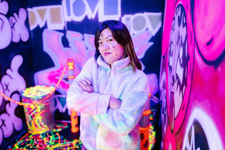 a woman standing in front of a wall covered in graffiti, colourful slime, japanese streetwear, in an igloo, day - glow facepaint