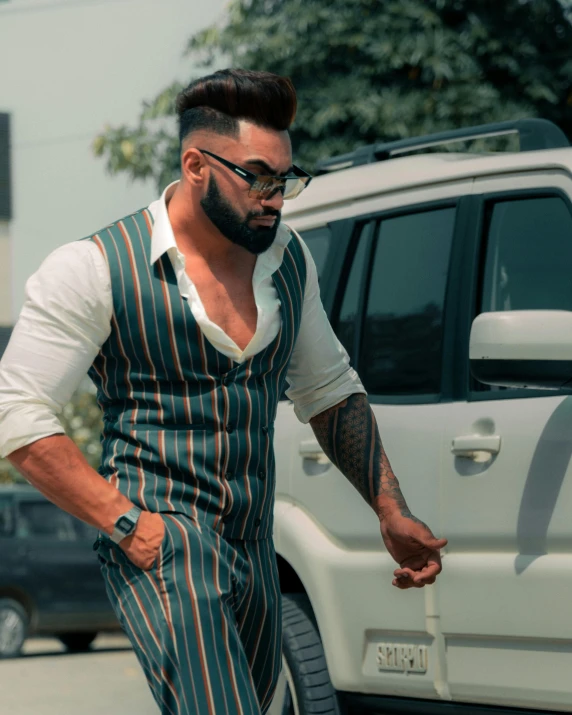 a man riding a skateboard down a street, an album cover, by Robbie Trevino, trending on pexels, waistcoat, indian super model, big muscles, gay