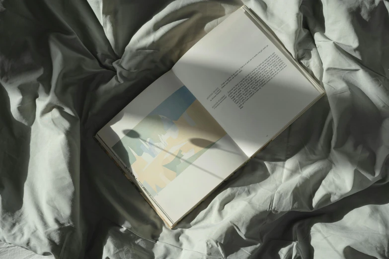 an open book laying on top of a bed, inspired by jeonseok lee, unsplash contest winner, light and space, soft shadow transition, made of silk paper, ignant, subdued color palette