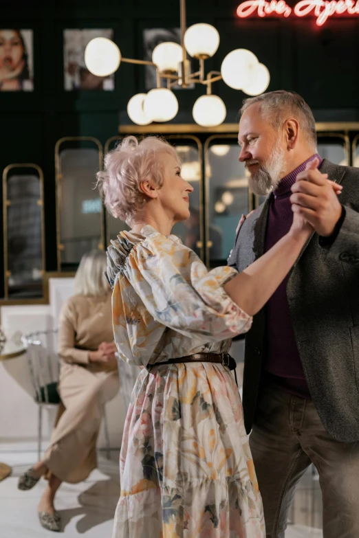 a man and a woman dancing in a restaurant, trending on pexels, renaissance, gray haired, square, modest, springtime