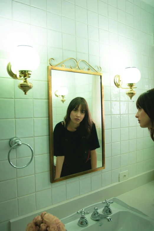 a woman standing in front of a mirror in a bathroom, inspired by Nan Goldin, unsplash, hyperrealism, anaglyph effect ayami kojima, straight bangs, low quality photo, pondering