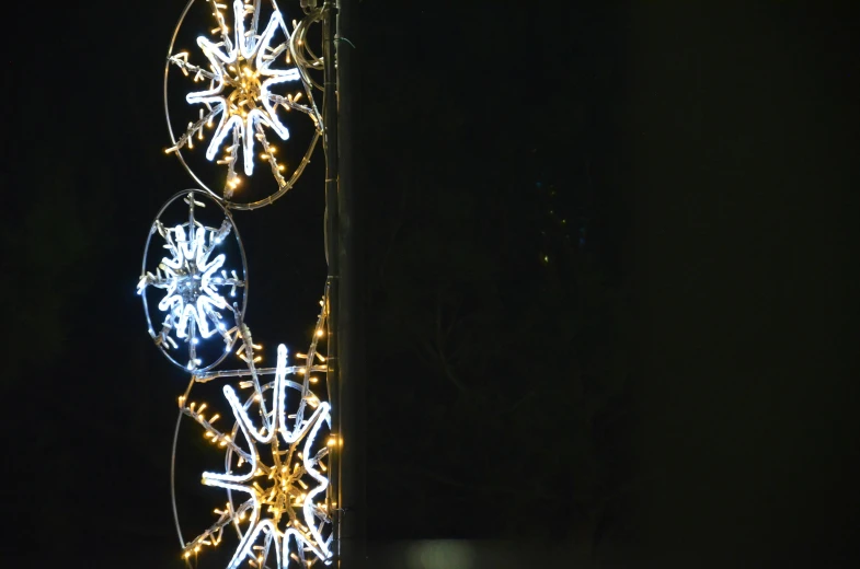 a couple of lights that are on top of a pole, inspired by Bruce Munro, pexels contest winner, arabesque, snowflakes, light frame, medium close shot, festive