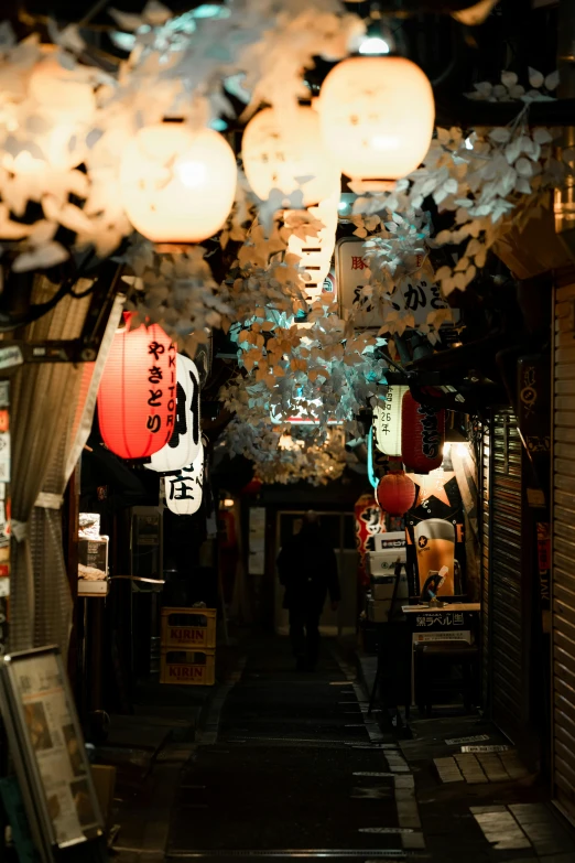 a narrow alley with lanterns hanging from the ceiling, inspired by Okamoto Tarō, trending on unsplash, ukiyo-e, intricate sparkling atmosphere, food stalls, serene evening atmosphere, lights with bloom