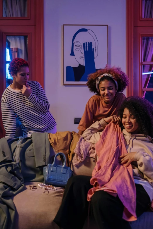a group of people sitting on top of a couch, ashteroth, in the bedroom at a sleepover, in suitcase, promo image