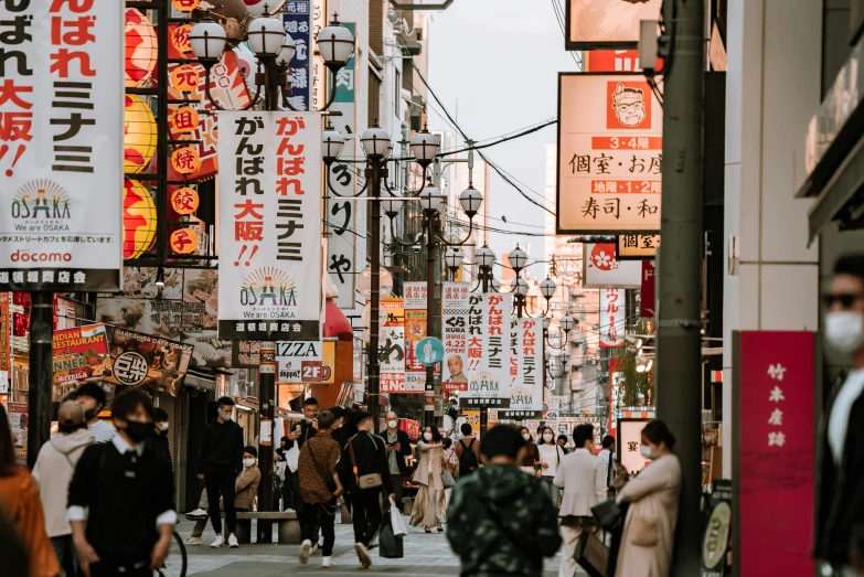 a group of people walking down a street next to tall buildings, a picture, trending on unsplash, ukiyo-e, lots of signs and shops, 🦩🪐🐞👩🏻🦳, japanese inspiration, busy streets filled with people