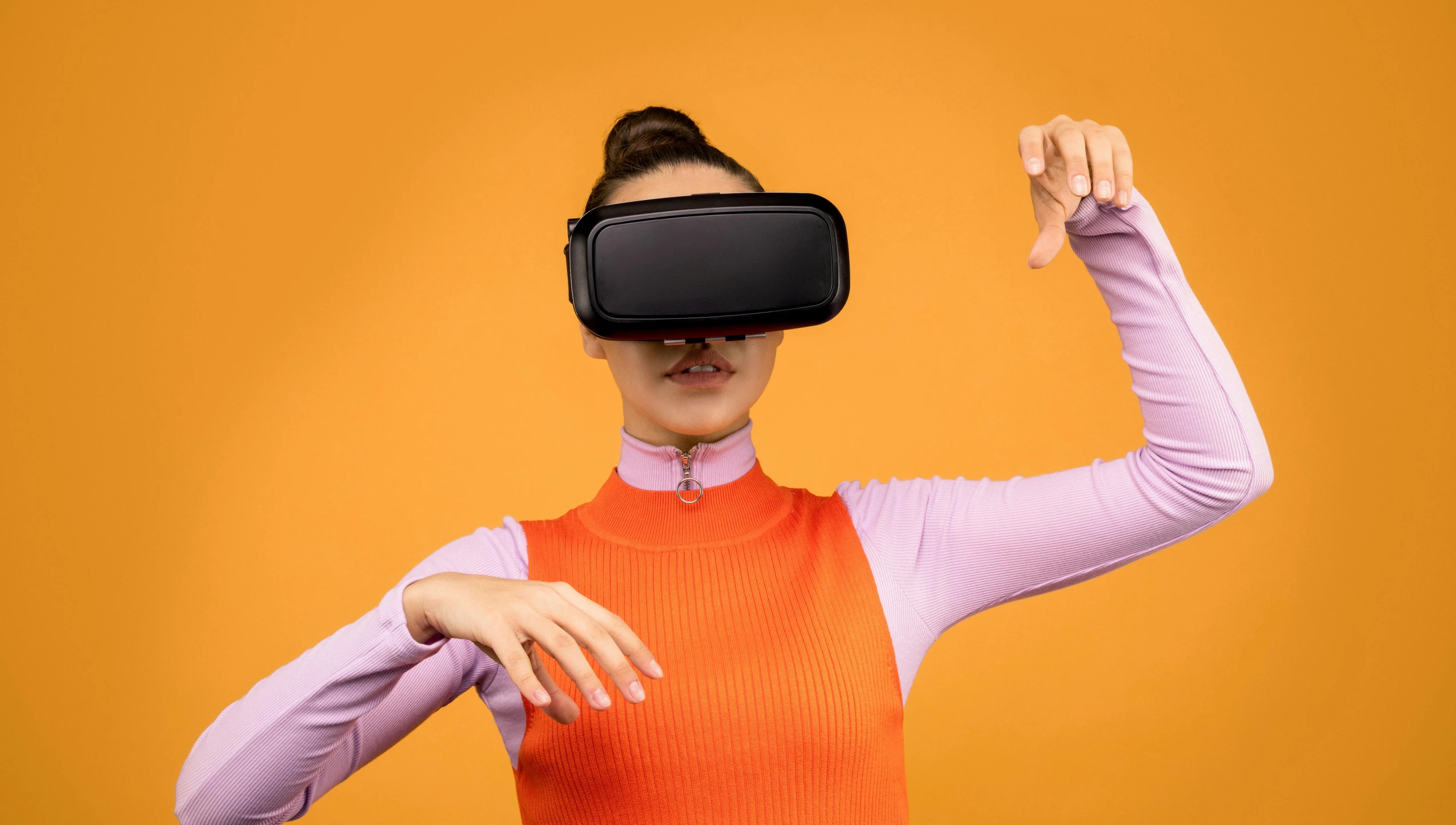 a woman wearing a virtual reality headset, trending on pexels, hypermodernism, orange subsurface scattering, avatar image, hold up smartphone, waist - up