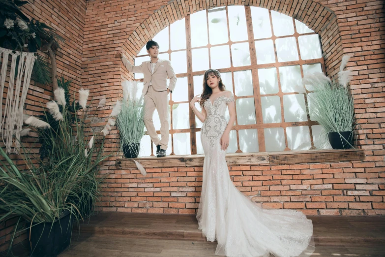 a man standing next to a woman in a wedding dress, by Robbie Trevino, official store photo, unreal ungine 5, ngai victo and dougherty patrick, sublime-comfy-elegant ambience