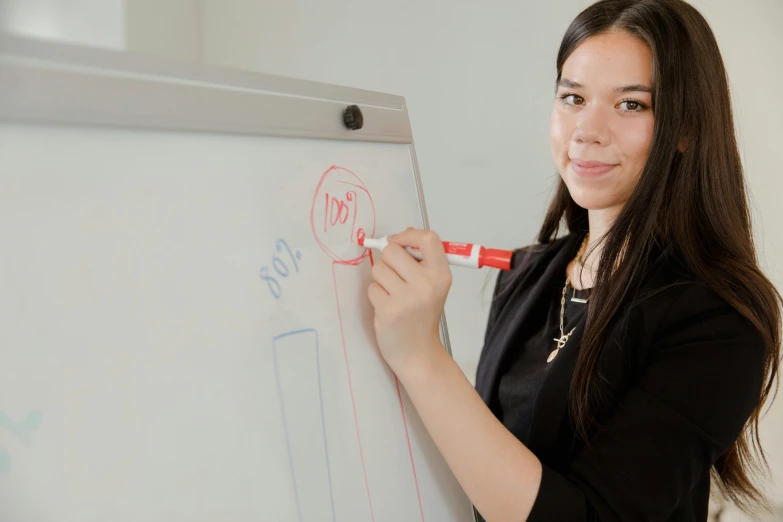 a woman writing on a white board with a marker, by Gavin Hamilton, pexels contest winner, academic art, rebecca sugar, pokimane, modelling, kilin eng