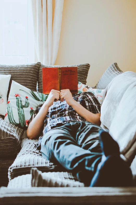 a man laying on a couch reading a book, pexels contest winner, casually dressed, teenage boy, seasonal, diy