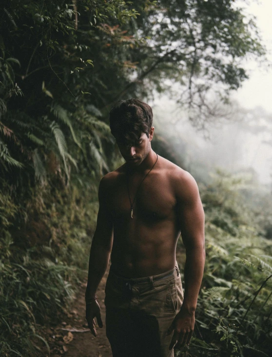 a shirtless man walking down a path in the woods, an album cover, pexels contest winner, sumatraism, looking seductive, trending on vsco, mountainous jungle setting, dust clouds | homoerotic