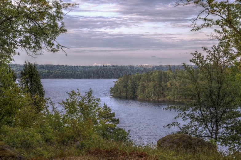 a large body of water surrounded by trees, by Eero Järnefelt, pexels contest winner, les nabis, panorama distant view, camp, slide show, grey