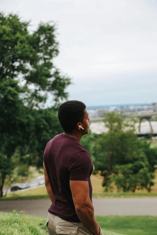 a man standing on top of a lush green hillside, by Washington Allston, happening, looking from side!, dark skinned, with a park in the background, 2019 trending photo