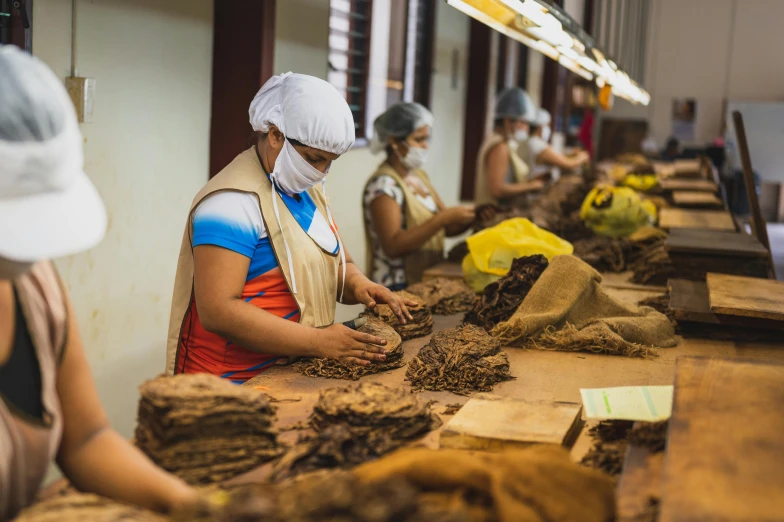 a group of people working in a factory, chewing tobacco, avatar image, sustainability, brown