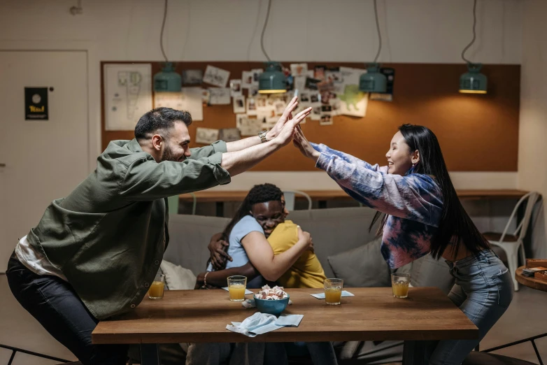 a group of people sitting around a wooden table, pexels contest winner, happening, showing victory, avatar image, romance, high quality image