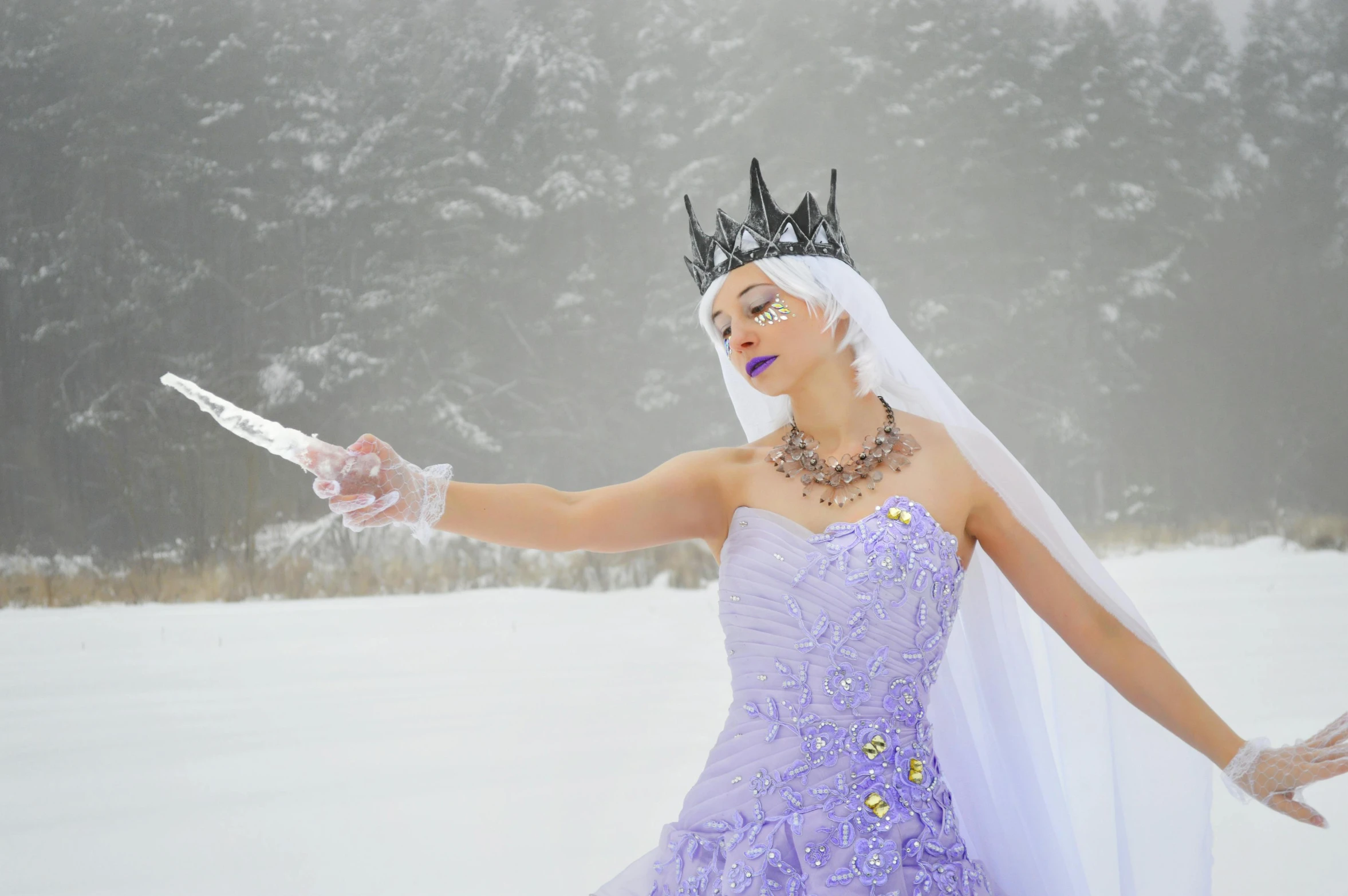 a woman in a purple dress in the snow, an album cover, inspired by karlkka, pexels contest winner, with scepter and crown, in wedding dresses, realistic cosplay, crown of (white lasers)