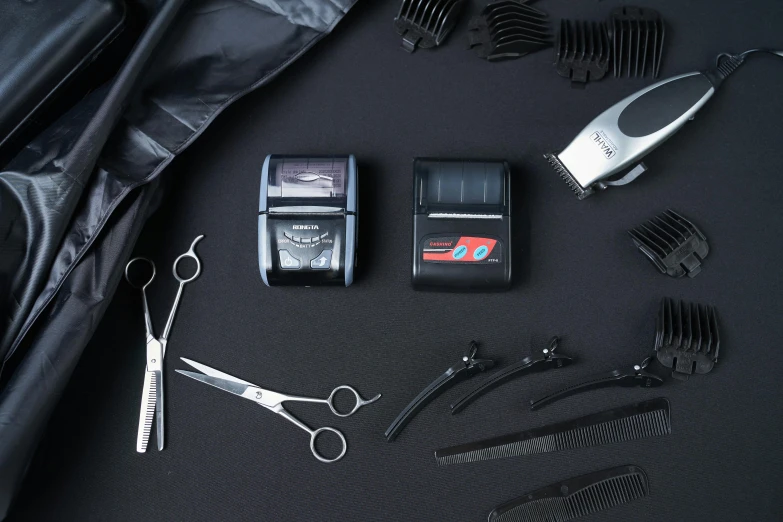 a variety of hair tools laid out on a table, by An Gyeon, trending on polycount, dada, rubber stamp, black theme, die - cut sticker, thumbnail