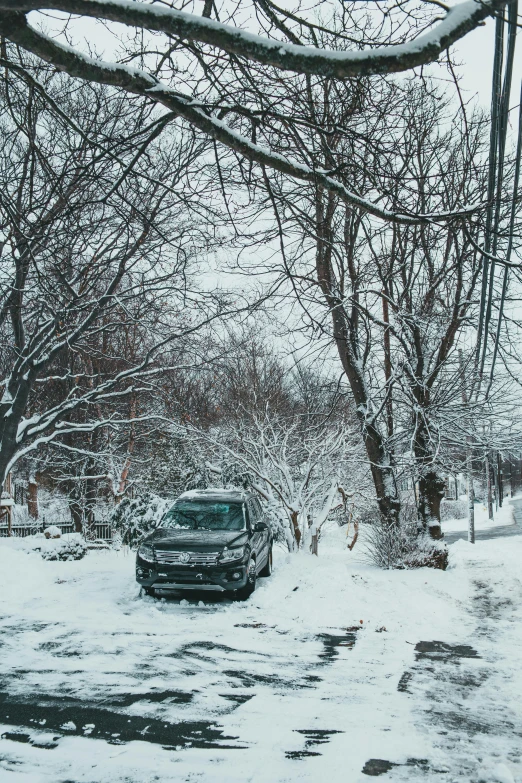 a car is parked on a snowy street, in a suburban backyard, 2019 trending photo, ultrawide shot, album